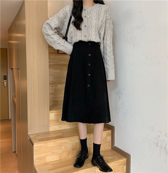 

2021 new fashion casual women high waist corduroy a line pencil midi skirt button solid autumn winter blue black khaki skirts 4eei