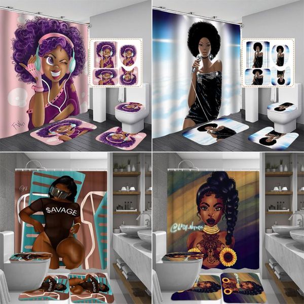 

shower curtains girl african curtain singer loli with headphones bathroom toilet cover bath mat non-slip rug set home decor