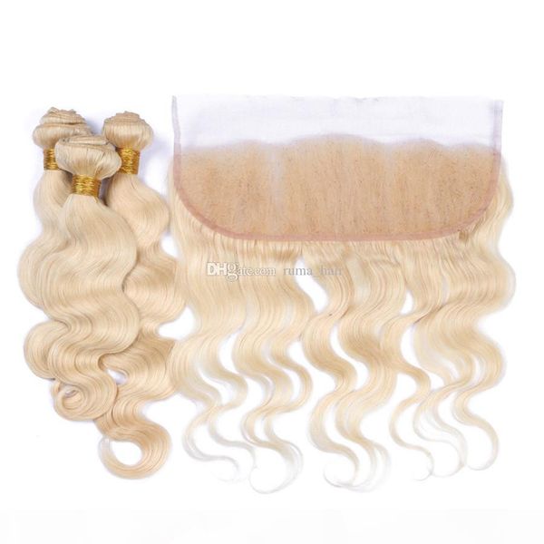 

613# blonde 8a hair bundles with lace frontal malaysian virgin human hair body wave with 13*4 lace frontal natural hairline bleached knots, Black;brown