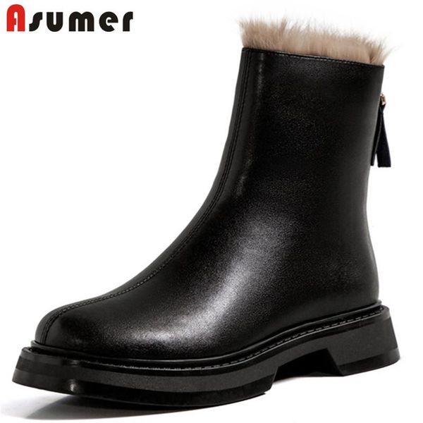 

boots asumer 2021 big size 34-43 genuine leather shoes women winter snow round toe zipper low heel casual ankle, Black
