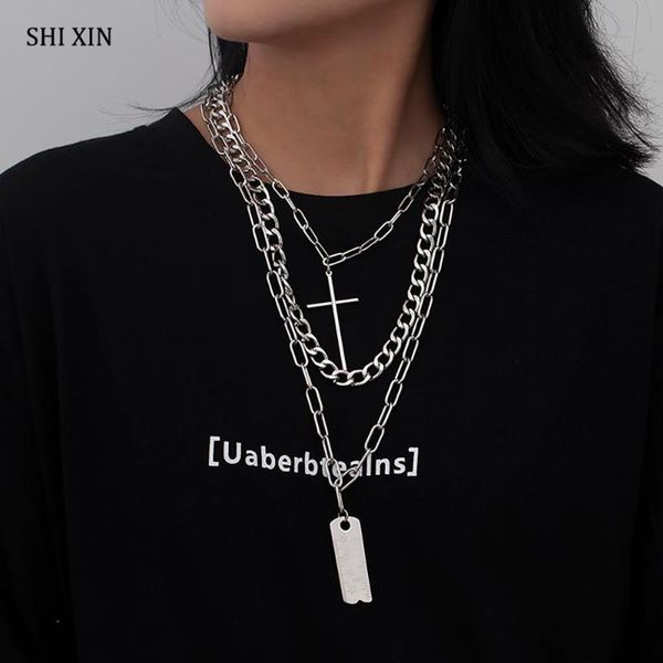 

shixin 3 шт. / установленная слоистая цепь с крестом / квадратным кулонцем ожерелье для женщин / мужчин hiphop chokuly chain choker chokl me, Silver