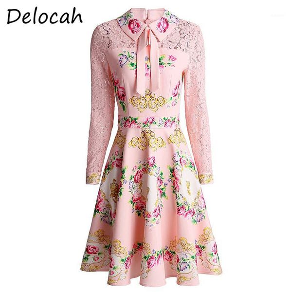 

delocah spring summer fashion ruwan women long sleeve gorgeous lace floral printed elegan slim a-line short dresses vestidos1, Black;gray