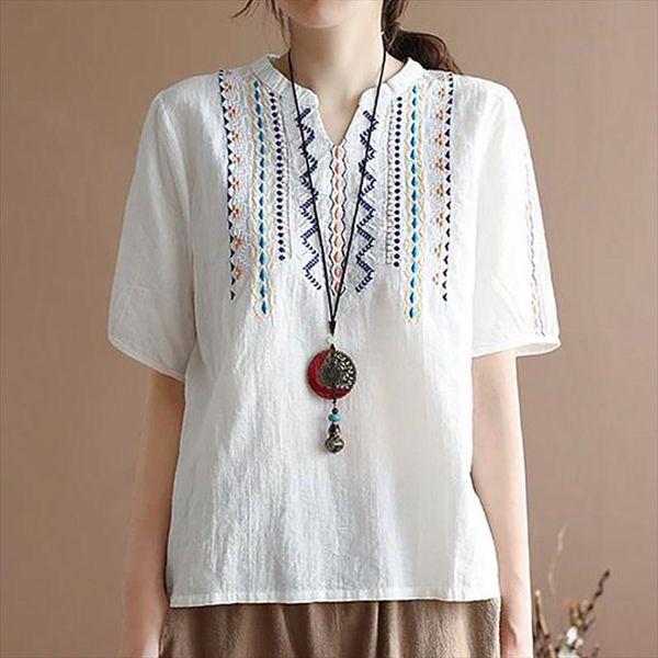 

plus size for women 100% cotton vintage blouse embroidery ladies summer casual short sleeve loose white shirt