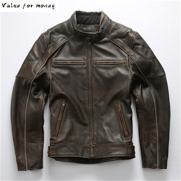

genuine men's leather skulls jacket classic motorcycle biker vintage pattern jacket brand soft thick cowhide leather male coat, Black