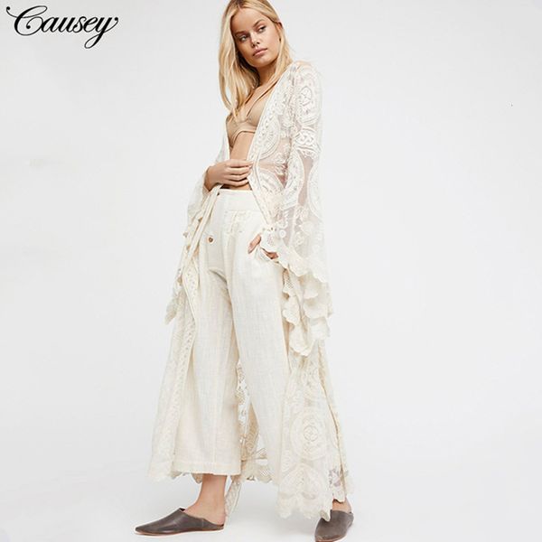 

2019 bohemian large women's summer vacation style with lace cardigan, White