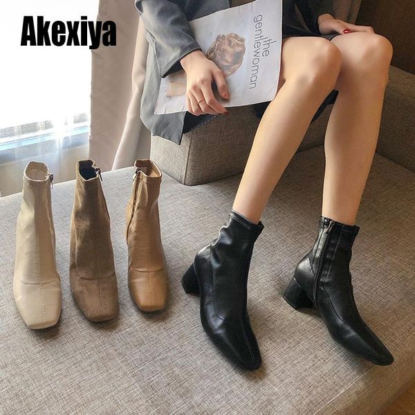 

2020 new comfortable autumn winter leather retro square toe zipper ankle boots square heel fashion women shoes w071, Black