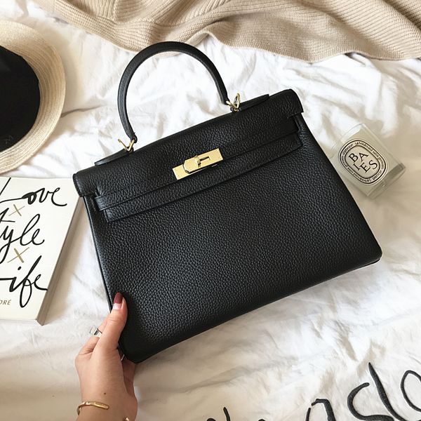 

all-match black genuine leather portable womens bag 2020 new fashion kelly bag large capacity fashion