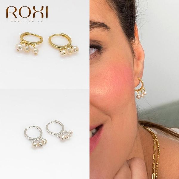 

roxi elegant three freshwater pearls hoop earrings for women girls gift sterling silver 925 cartilage earrings drop pendientes, Golden;silver