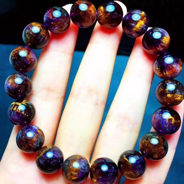 

11.5mm natural gold purple cacoxenitis rutilated quartz female cat's eye light crystal round beads aaaaaaaaaaaa jg5j, Black