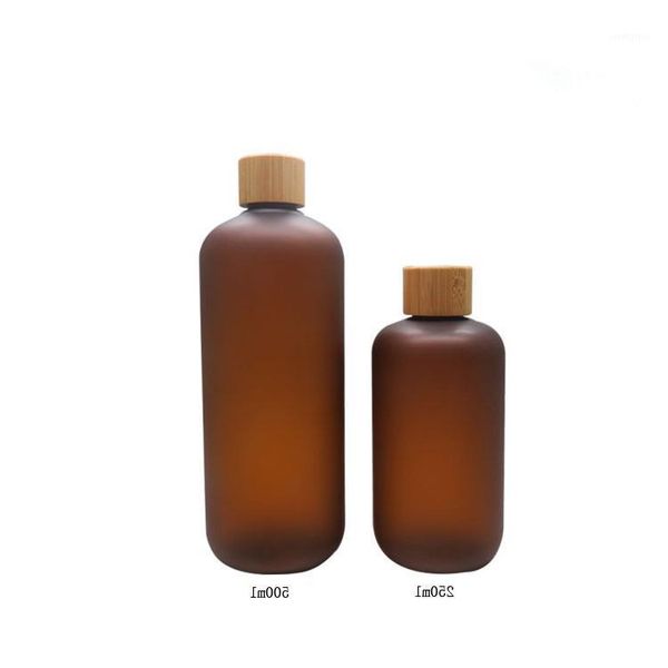 

50pcs/lot 250/500ml amber frosted cosmetic liquid bottle with bamboo cap wholesale1