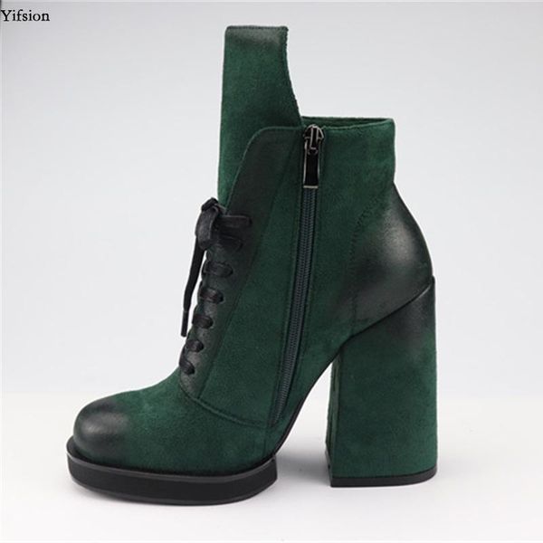 

olomm stylish women ankle boots square high heel shoes nice round toe elegant black green casual shoes women plus us size 5-9