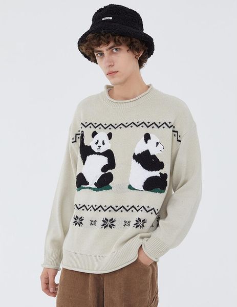 

chinese panda patchwork knitted jumper sweaters men harajuku hip hop casual knit pullover mens fashion knitwear male w1377, White;black