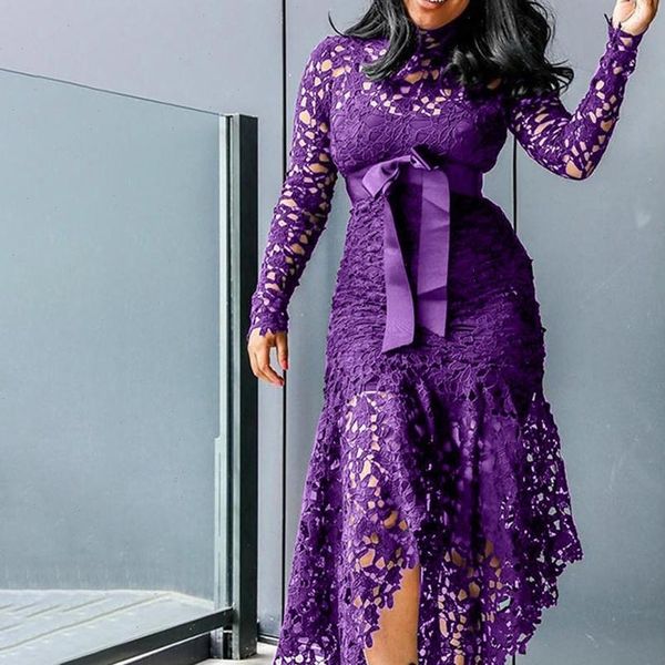 

2021 lace floral hollow out dress women long sleeve fashion ruched neck dress party formal high waist maxi irregular hem dress, Black;gray