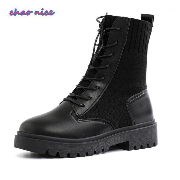 

boots women's winter thin section british style 2021 fashion wild knitted cotton thick-soled short boot1, Black
