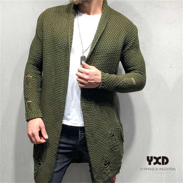

brand men clothes hole jacquard knitted cardigan men long style sweater jacket 2020 streetwear windbreaker coat casual k1, White;black