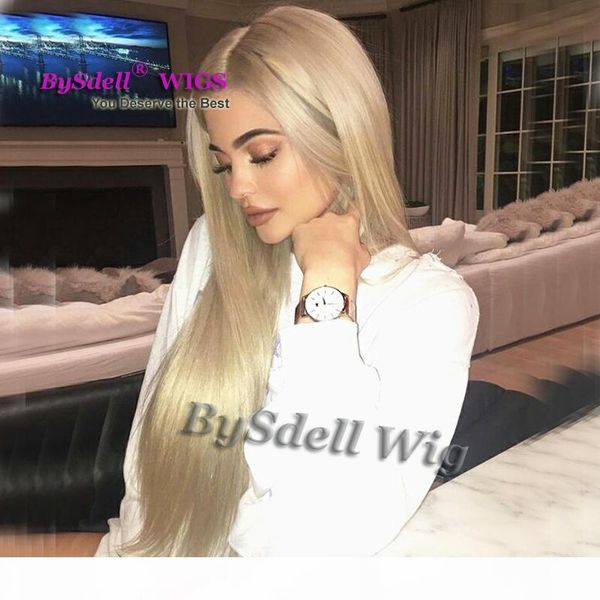 

new arrival celebrity kylie jenner ash blonde color straight hairstyle wig synthetic glueless lace front wigs platinum blonde, Black