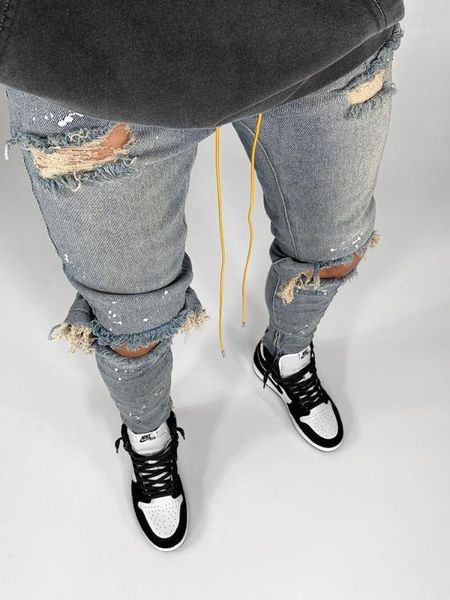 

kstun guys ripped skinny jeans knee broken holes hip hop jeans men distressed painting black blue1, Blue