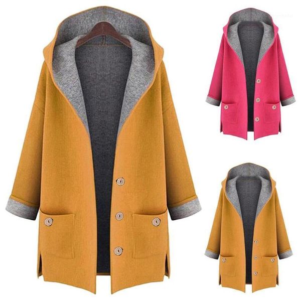 

autumn winter long coat women plus size 5xl fashion solid hooded long sleeve button pocket splice overcoat1, Black