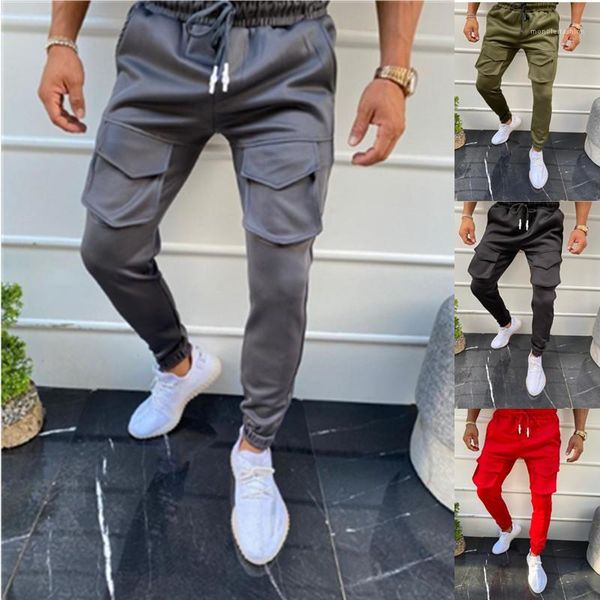 

pants solid color slim drawstring pencil pants spring autumn fall fashion casual man trousers mens pockets sports, Black