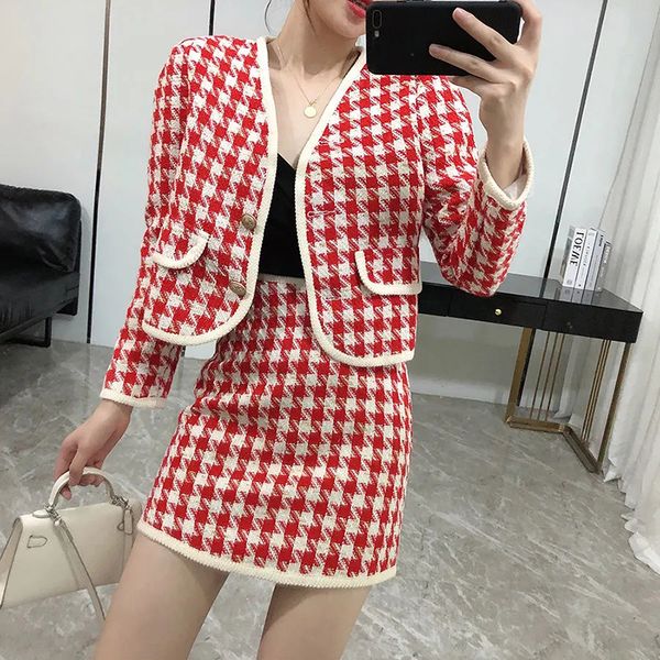 

women's autumn ladies suit women's tweed plaid jacket + high-waist a-line bag hip skirt women's two-piece suit/sets, White