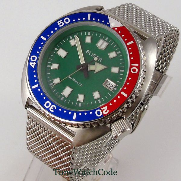 

45mm automatic men's watch japanese genuine nh35a movement dial sapphire glass date mesh strap green lume aluminum bezel, Slivery;brown