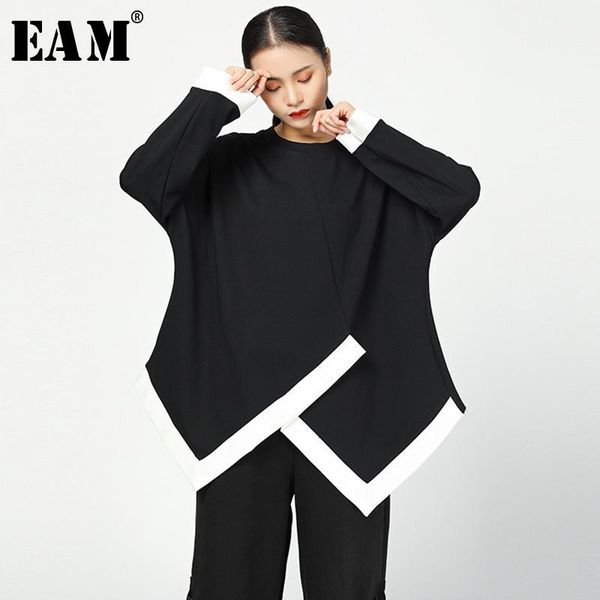 

eam] loose fit black irregular sweatshirt new round neck long sleeve women big size fashion tide spring autumn 2020 jy7351, White