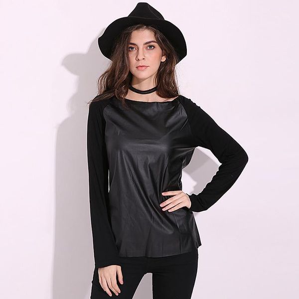 

blusas 2019 autumn women personality shirts long sleeve pu leather patchwork blouses fashion casual loose plus size, White