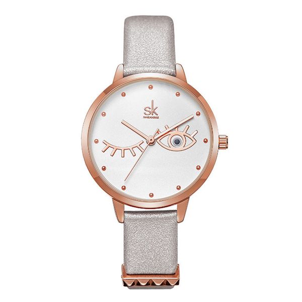 

shengke creative thin case wristwatch for ladies female clock quartz movement 001 red gold leather strap analog dial face, Slivery;brown