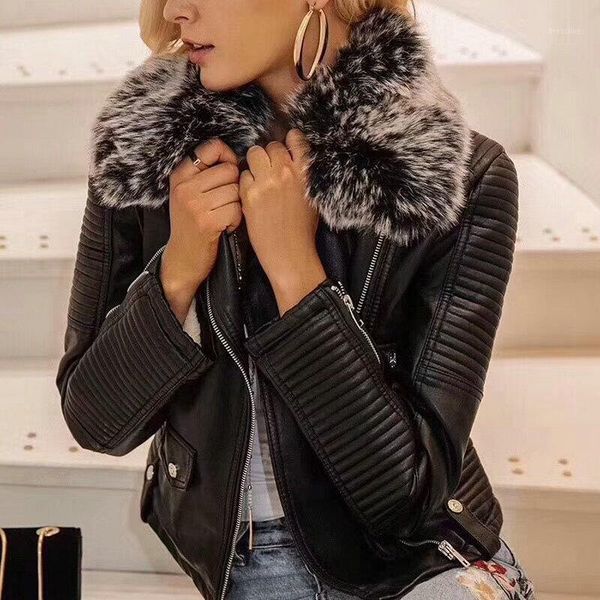 

2020 women winter warm faux leather jackets with fur collar lady white black pink wine red motorcycle biker outerwear coats1