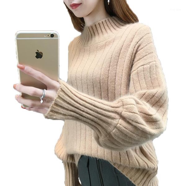 

winter women christmas sweaters simple turtleneck full lantern sleeve knitted jumpers pullovers korean chic loose clothes1, White;black