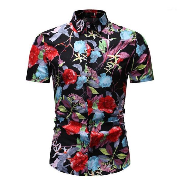

men's brand new personalized fashion business casual short sleeve printed shirt hawaiian shirt men brand shirts streetwear1, White;black