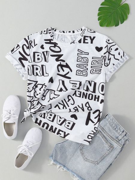 

letter & heart print tee 65a3#, White
