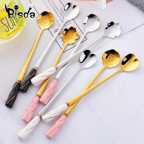 

cake gold spoon ceramics handle coffee spoons creative flower design scoop for dessert ice cream honey 304 stainless steel1