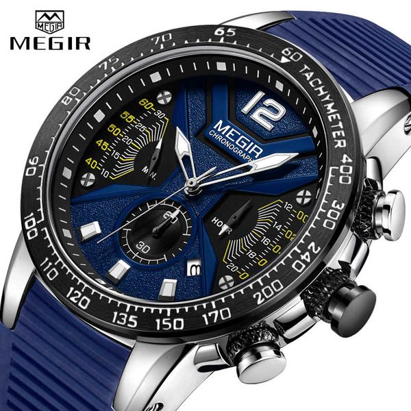 

2020 new megir watch men's silicone strap sports quartz clock men's luminous watch waterproof chronograph date calendar, Silver