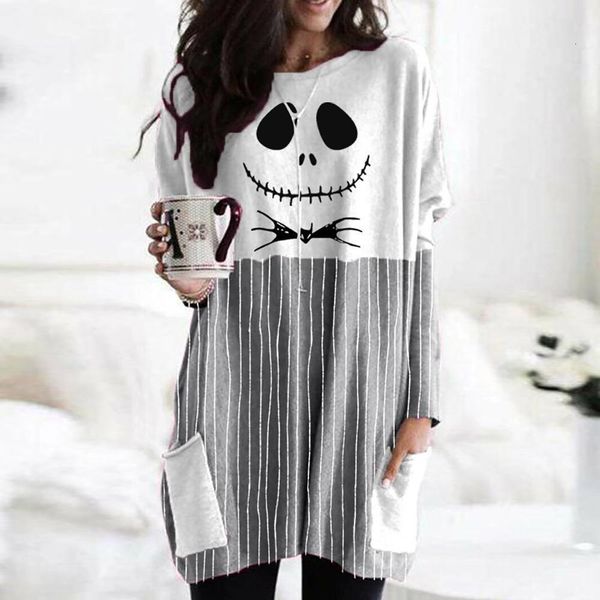 

pumpkin print dress women halloween long sleeve round neck vintage casual knit mini dress ladies pocket loose dresses vestido, Black;gray