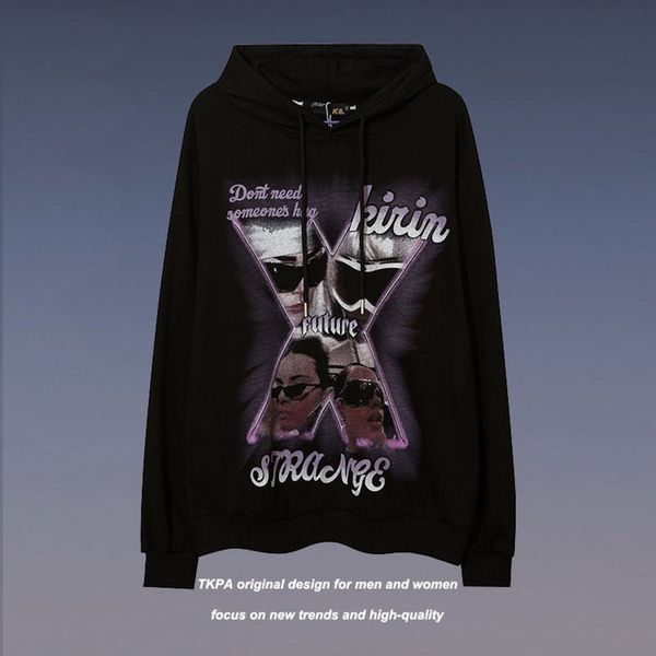 

tkpa street hip hop oversize dark men's fashion printed loose hoodie, Black