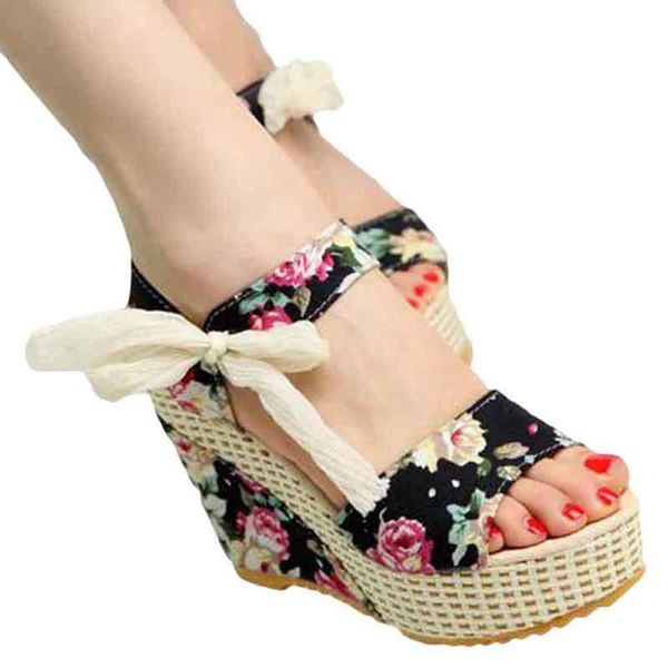 

summer 2021 flowers print women wedges sandals sweet ribbons bow platform wedges shoes casual lace up open toe lady high heels, Black