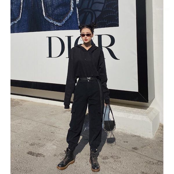 

2020 spring and summer new style was thin high waist autumn and winter black wild casual overalls loose bf straight tube pants1, Black;white