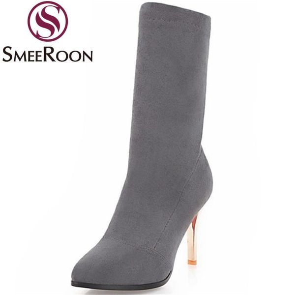 

boots smeeroon 2021 flock solid color ankle casual keep warm winter high heels pointed toe party shoes woman, Black