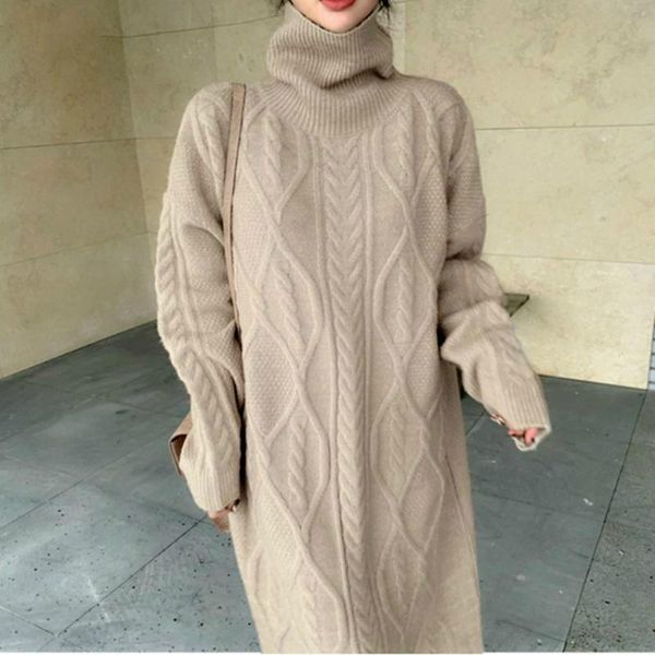 

casual dresses turtleneck long sleeve knitted sweater dress women korean sweaters woman loose autumn winter fashion 2021 robe femme, Black;gray