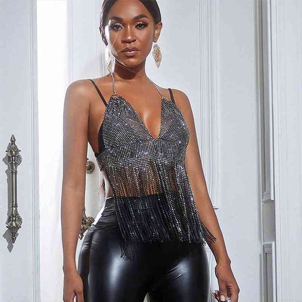 

womens sequin rhinestone v-neck camisole tassel backless glitter body chain tank party nightclub bra accessories, White