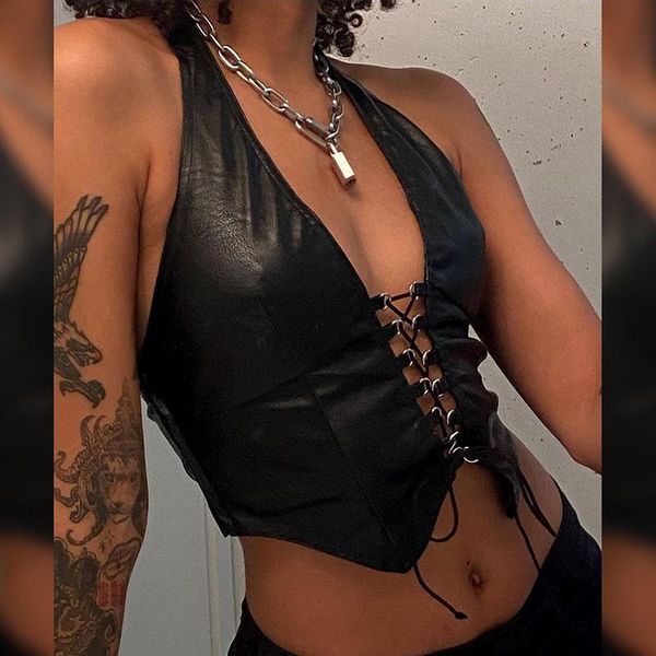 

сексуальная черная искусственная кожаная кожаная комната halter camis женский жилет верх лучшие рассыпанные на шнуровке на шнуровке пустые у, White