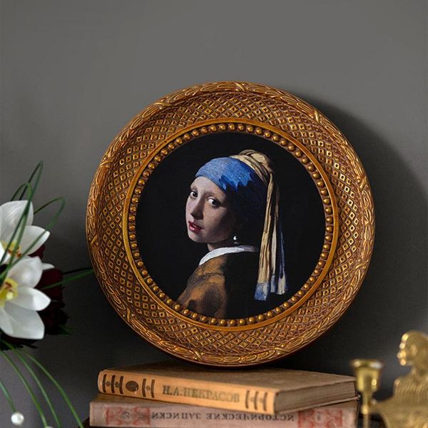 

french style old wall-mounted resin p frame, round retro mirror embossed imitation wood golden european oil painting fram