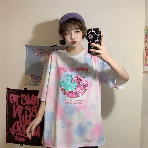 

harajuku tie dye t shirt casual summer women cartoon letter print tees female loose clothes, White