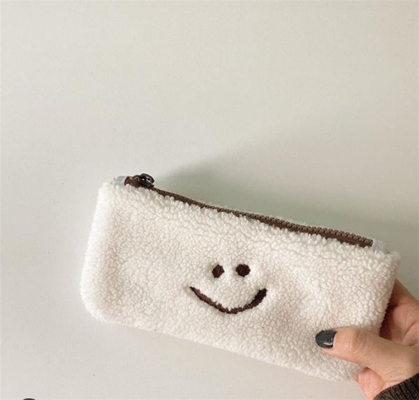 

korean cute girl lamb wool zipper pencil bag with large capacity simple creative and fashionable smile face