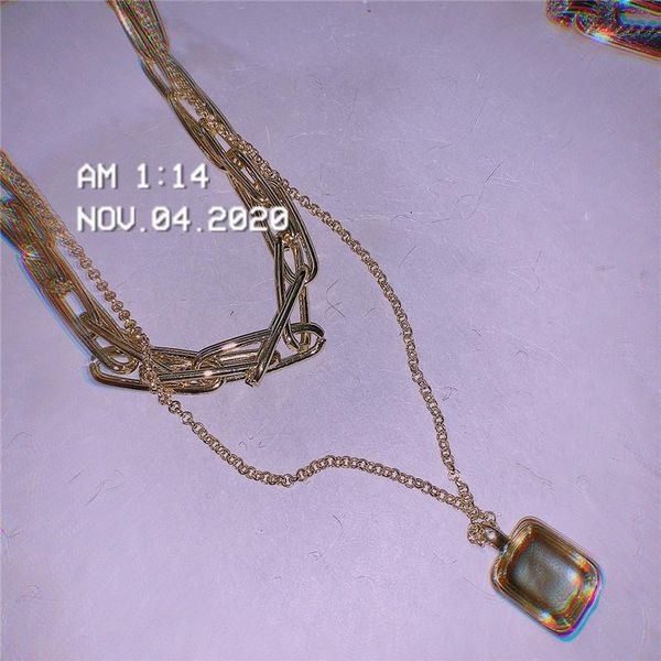 

chokers chunky gold link layer necklace with large square statement jewelry for e girl sweater accessory rectangle big chain set l28bh, Golden;silver