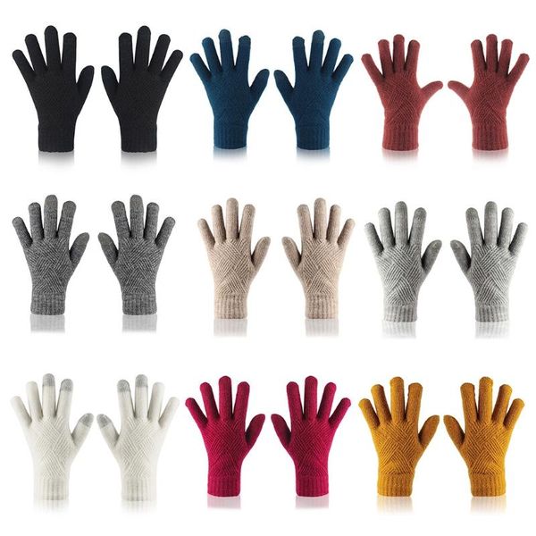 

Women Winter Rhombus Knit Touch Screen Gloves Solid Color Cycling Plush Lined Thermal Warm Stretch Texting Mittens, Blue;gray