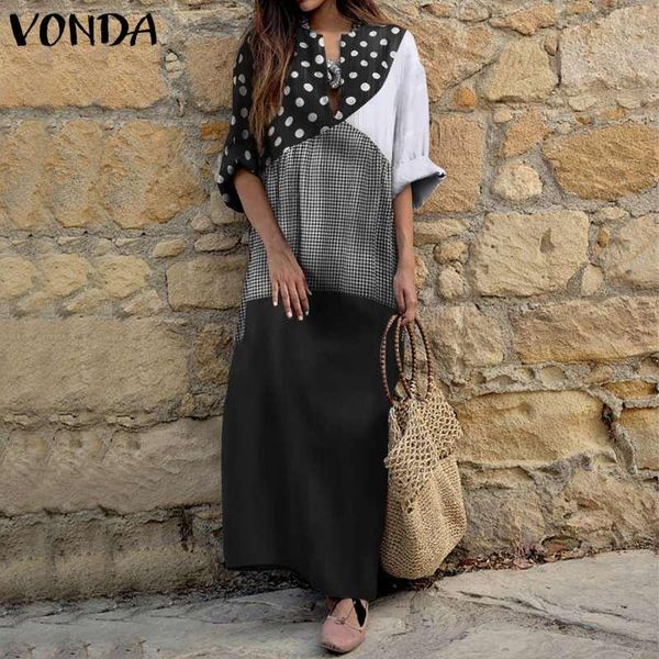 

casual dresses women'dress vonda 2021 long sleeve sundress women vintage printed party maxi dress patchwork vestidos s-5xl, Black;gray