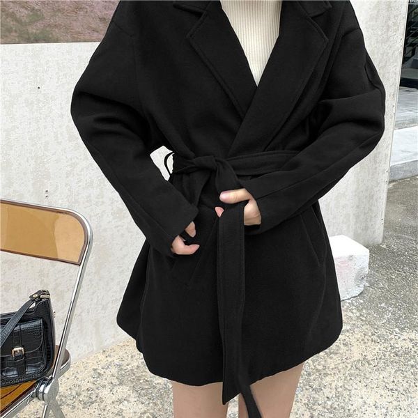 

casual turn-down collar women wool coat autumn winter long sleeve lace up overcoat elegant style female woolen coats, Black