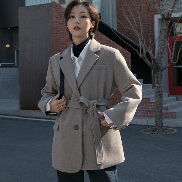 

ewq] 2020 winter female fashion casual turn down collar long-sleeved minimalist solid color lace up woolen overcoat 8q5011, Black